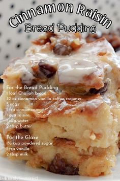 cinnamon raisin bread pudding on a white plate with text overlay that says cinnamon raisin bread pudding