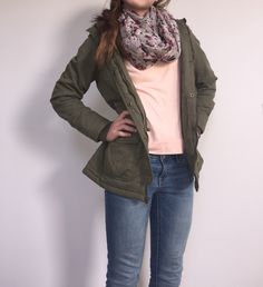 Cute fall outfit!--- Army green jacket- Target Light rose shirt- American Eagle  Scarf- Charlotte Russe Military Style Hunting Windbreaker For Fall, Green Military Utility Jacket For Winter, Fall Military Utility Jacket, Military Olive Utility Jacket For Winter, Military Style Winter Hunting Windbreaker, Outfit Army, Target Lighting, Army Green Jacket, Rose Shirts