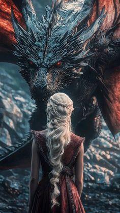 a woman with long hair standing in front of a dragon