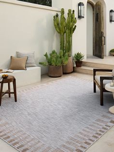 a living room with a cactus in the corner and other furniture on the outside patio