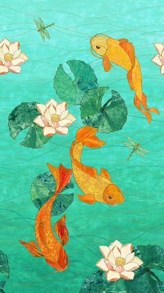 a painting of goldfish and water lilies