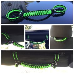 the green rope is attached to the car's dashboard