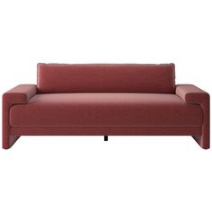 a red couch sitting on top of a white floor