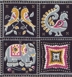 four squares with elephants and birds on them in different colors, shapes and sizes are shown