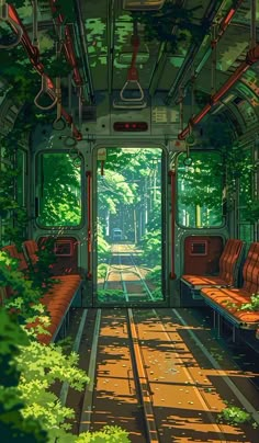 the inside of a train car with benches and trees