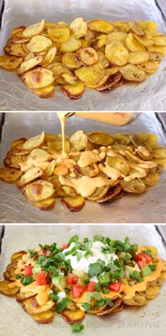 potato chips being cooked in the oven and then topped with ranch dressing for toppings