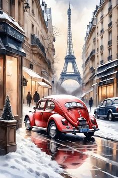 a painting of a red car parked in front of the eiffel tower on a snowy day