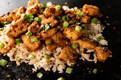 chicken and rice with green onions on a black plate