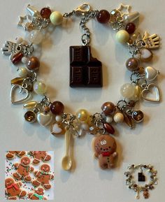 a close up of a bracelet with charms and cookies on the bottom, along with an assortment of other items