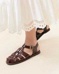 Shop the Max Dark Brown Fisherman Sandal at Loefflerrandall.com Logo A, Brown Sandals, Dark Brown, Buckle, Sandals, Leather, Gold