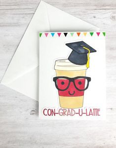 a card with a graduation cap on top of a coffee cup and the words con - grad - u - latte