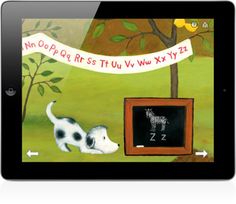 an image of a tablet with a dog on the screen and a chalkboard next to it