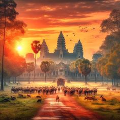 a painting of animals walking down a dirt road in front of a temple at sunset