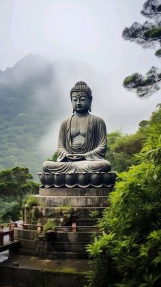 a buddha statue sitting on top of a stone platform in the middle of a forest