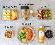 the ingredients for a healthy meal laid out on a counter top, including fruit and vegetables