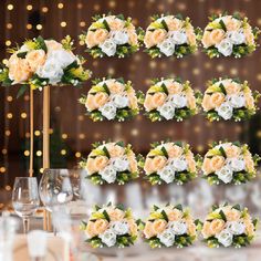 the table is set up with white and yellow flowers