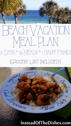 a plate of food with the words beach vacation meal plan on it and an image of palm trees in the background