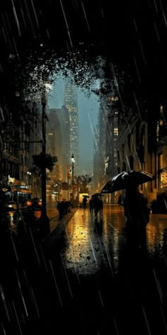 people walking in the rain with umbrellas on a city street at night under tall buildings