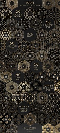 an abstract black and gold background with lots of different shapes, sizes and colors on it