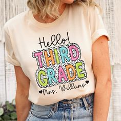 Please allow at least a 10 day timeframe to receive orders for any specific date/event   *Image files not for sell* The perfect tee for a 3rd grade teacher! This shirt makes a great gift and is proudly printed on the soft unisex Bella+Canvas 3001.  BELLA + CANVAS 3001 UNISEX T-SHIRT 100% Airlume combed and ring-spun cotton, a lightweight and soft feel  Solid colors are 100% cotton,  "Heather" colors are a cotton blend Please refer to the size chart in the listing photos for sizing details. Easy Third Grade Teacher Shirts, 3rd Grade Teacher, New Teacher Gift, New Teacher Gifts, Third Grade Teacher, Teacher Personalized, New Teacher, Meet The Teacher, Team Shirt