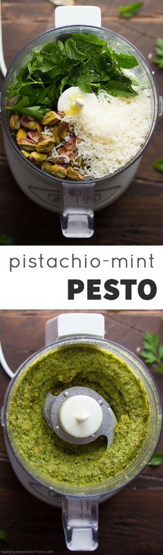 pesto sauce in a food processor with the words pistachio - mint pesto