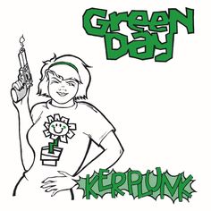 a drawing of a woman holding a lit candle with the words green day on it