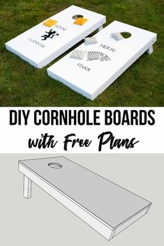 two white cornhole boards with free plans