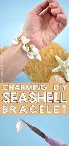 a hand holding a pair of scissors next to sand and sea shells with the words charming diy seashell bracelet on it