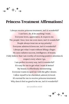 the princess treatment affirmations is shown in pink and black text on a white background