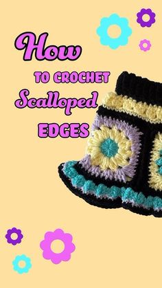 a crocheted hat with the words how to crochet scalloped edges