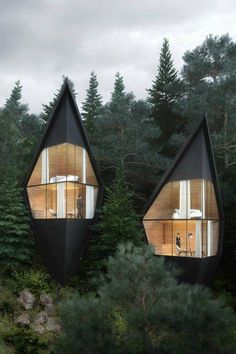 two black triangular shaped houses in the woods