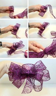 the instructions for how to make a purple ribbon bow with lace and ribbons on it