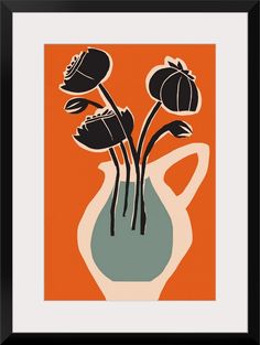 three flowers in a vase on an orange background framed art print by artist and photographer jane grisell