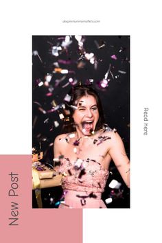 a woman in a pink dress is surrounded by confetti