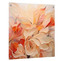 an abstract painting with orange and pink flowers on it's side, in front of a white background