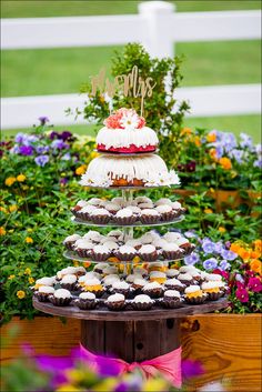 a cake and cupcakes are on a table in front of some colorful flowers