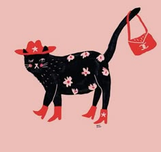 a black cat wearing red boots and a hat with flowers on it's tail