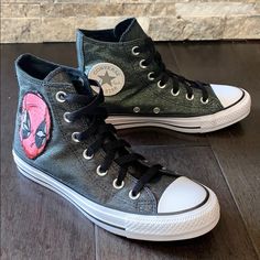 Very Cool Pair Of Custom Deadpool Converse All Star Sneakers - Size 6.5 Women’s - Metallic Silver & Black Color Way With Red Deadpool - Brand New - Never Worn - Custom Deadpool Patch Was Stitched On Professionally - Great For Deadpool Lovers Please Check Out All The Photos For Details And Feel Free To Ask Any Questions. Thank You For Looking And Happy Poshing. Deadpool Converse, Converse Shoes Custom, Silver Converse, Cool Converse, All Star Sneakers, Custom Converse, Star Sneakers, Womens Converse, Converse All Star