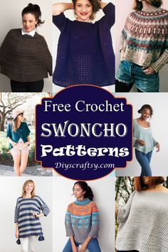 the free crochet sweater pattern is shown in many different styles and sizes, including one