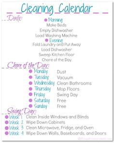 a printable cleaning calendar for the home