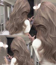 Feathery Long Layers, Milk Tea Colour Hair, Pearl Beige Hair Color, Milky Tea Blonde Hair Color, Cat Rambut Brown, Korean Hair Colour 2023, Korean Milk Tea Hair, Milk Tea Powder Hair, Milk Tea Grey Brown Hair