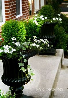 two black vases with white flowers are sitting on the steps in front of a brick building