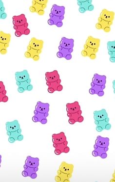 many different colored teddy bears are on a white background with blue, pink, and yellow ones