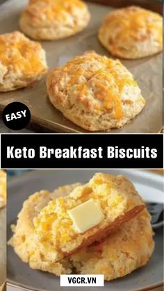 some biscuits with cheese on them and the words easy keto breakfast biscuits written below