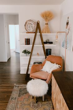 a living room with a chair, bookshelf and rug