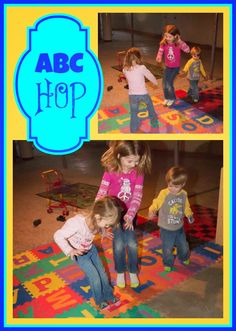 three children playing on the floor with abc's hop rugs in front of them