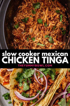 slow cooker mexican chicken tinga with onions and cilantro on the side