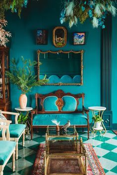 a living room filled with furniture and plants on top of a checkerboard floor