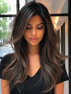 Biolage Hair Brown, Side Part And Curtain Bangs, Summer Haircuts 2024 Long, Indian Balayage Dark Hair, Dark Summer Hair, Winter Brunette, Medium Length Hairstyles For Women, Rambut Brunette, Brunette Hair With Highlights