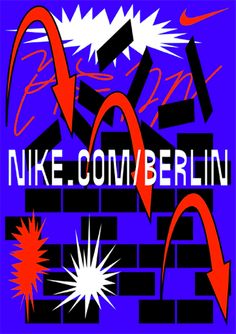 a poster with the words nike com / berlin in red, white and blue on it